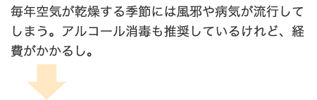 毎年空気が乾燥する季節には風邪や病気が流行してしまう。アルコール消毒も推奨しているけれど、経費がかかるし。