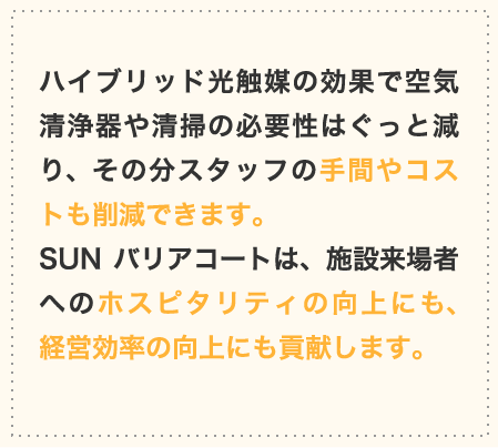 ハイブリッド光触媒の効果で空気清浄器や清掃の必要性はぐっと減り、その分スタッフの手間やコストも削減できます。SUNバリアコートは、施設来場者へのホスピタリティの向上にも、経営効率の向上にも貢献します。