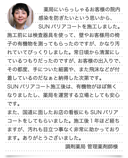 　薬局にいらっしゃるお客様の院内感染を防ぎたいという思いから、SUNバリアコートを施工しました。施工前には検査器具を使って、壁やお客様用の椅子の有機物を測ってもらったのですが、かなり汚れていてびっくりしました。常日頃から清潔にしているつもりだったのですが、お客様の出入りで、その都度、手についた細菌や、また飛沫などが付着しているのだなぁと納得した次第です。SUNバリアコート施工後は、有機物がほぼ無くなりましたし、薬局を運営する立場としても安心です。また、国道に面したお店の看板にもSUNバリアコートをしてもらいました。施工後１年ほど経ちますが、汚れも目立つ事なく非常に助かっております。ありがとうございました。(調剤薬局 管理薬剤師様)