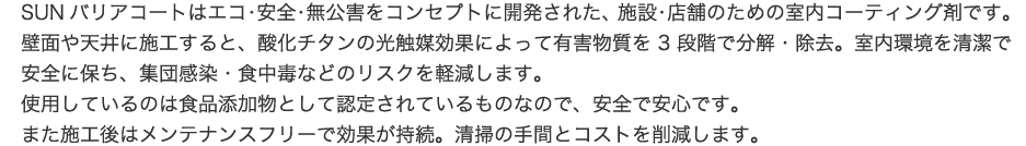 SUNバリアコートはエコ・安全・無公害をコンセプトに開発された、施設・店舗のための室内コーティング剤です。壁面や天井に施工すると、酸化チタンの光触媒効果によって有害物質を3段階で分解・除去。室内環境を清潔で安全に保ち、集団感染・食中毒などのリスクを軽減します。使用しているのは食品添加物として認定されているものなので、安全で安心です。また施工後はメンテナンスフリーで効果が持続。清掃の手間とコストを削減します。